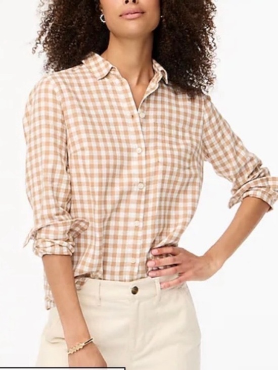 J. Crew Factory Tops - J. Crew Gingham Flannel Button Up Size M Tan & White 100% Cotton Casual